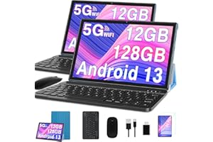 GOODTEL 2024 Tablette 10 Pouces Android 13 Octa Core avec 12Go RAM + 128Go ROM (1To TF) | 5G + 2.4G WiFi | FHD | GPS | Bluetooth 5.0 | 8MP + 5MP | Type C, Tablette Tactile avec étui, Clavier et Souris - Bleu