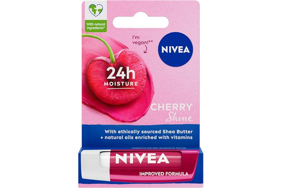 NIVEA Cherry Shine Lip Balm (4.8g), Flavoured Lip Balm with Shea Butter, Natural Oils and Vitamins, Provides 24h Moisture and a Soft Red Shine, Vegan Lip Care Formula