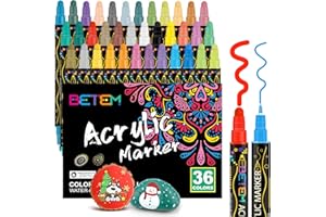 Betem 36 Colores Rotuladores Acrilicos Doble Punta, Marcadores Acrílicos para Pintar Piedras, Tela, Madera, Lienzo, Cerámica, Graffiti, Vidrio, Rotuladores Lettering para Artesanías