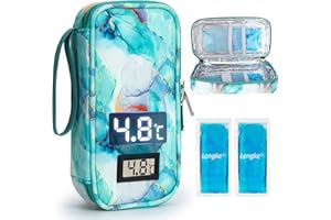SUNMON High-Capacity Insulin Cooler Travel Case with Temperature Display, 8-10h Insulated Diabetic Medication Cooler Bag with 2 Ice Packs, Waterproof Injection Travel case for 4-5 Pens (Marble Green)