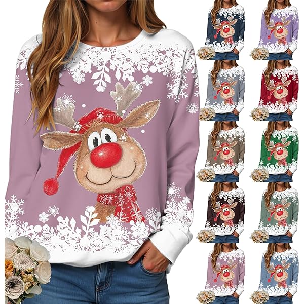 Pull Noel Femme Rétro Automne Hiver Bleu Rigolo Pull Sweat Noel Femme Sweatshirt Noël Femme Pas Cher Christmas Imprimé Wapiti Rouge Sweatshirt Col Rond Imprimé Wapiti