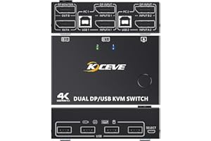 DP KVM Switch für 2 Computer und 2 Monitore, KCEVE Displayport USB KVM Umschalter, Unterstützt 4K@60Hz, Teilt Tastatur, Maus und Monitor