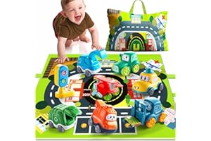 lerrbo 7 Vehicles with Map and Blue Traffic Light &Aufbewahrungstasche|Babyspielzeug für 1 jährige Jungen|1 jähriger Junge Geburtstagsgeschenk für erste Geburtstagsgeschenke