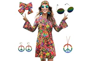 MRYUWB 70s Hippie Dress Costumes Necklace Earrings Sunglass Women Disco Outfit, 60s Party Costume, Halloween Retro Dresses