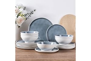 LeRatio Dinner Sets for 6 People, 18 Pieces Handcrafted Stoneware Plates and Bowls Set, Scratch Resistant Dinnerware Set, Oven, Dishwasher, Microwave Safe Crockery Set (Beau Blue, Service for 6)