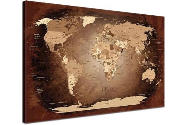 LANA KK - Carte du Monde sur Toile - Tableau d'Affichage en Liège pour Épingler Vos Objectifs - Planisphère Antique - Français – Globe 100x70 cm
