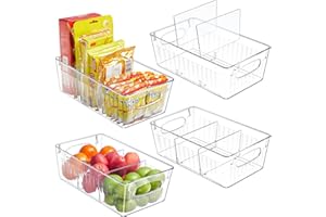 Kootek Refrigerator Organizer Bins with Removable Dividers, Freezer Organizer Bins Clear Pantry Organization and Storage Bins, Plastic Stackable Food Storage Bins for Fridge, Kitchen, Cabinet (4 Pack)