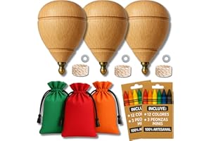 ALEJANDRO FUENTES AF® - Peonza Madera, Set de 3 Peonzas Niños + 12 Ceras de Colores + 3 Bolsas Transporte para Trompo y 3 Arandelas para la Cuerda | Personaliza tu Trompo para Niños Minis