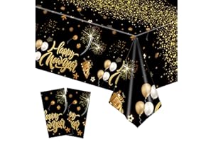 FALAFOTY 2024 Felice Anno Nuovo Tovaglie 2pcs Tovaglia di Capodanno Tovaglia rettangolare Tovaglia Plastica Nero e Oro Festa Tema Decorazioni Accessori(274 * 137cm)