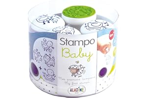 Aladine - Stampo Baby Ferme - Kit Tampons Enfant - Activités Manuelles Bébé - Encre Lavable - Jouets et Jeux Créatifs- Boîte de 4 Tampons + Grand Encreur Bleu Inclus - Dès 18 mois