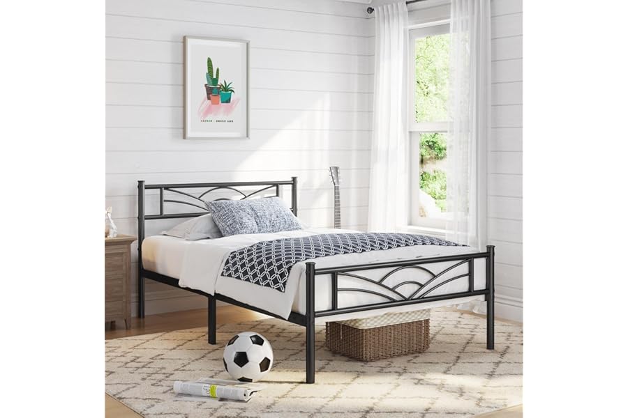 Yaheetech 3ft Single Bed Metal Slatted Bed Frame with Cloud-inspired Design Headboard, Under-bed Storage Black