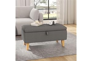 INMOZATA Linen Ottoman Footstool Upholstered Footstool with Storage Pouffe Stool Storage Stool Change Shoe Footrest with Wooden Legs for Living Room Bedroom Dark Grey