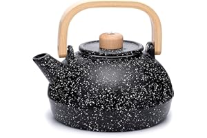 MILVBUSISS Théière en Fonte, Grande Capacité 1300ml Bouilloire à Thé avec Infuseur pour Cuisinière, Poignée en Bois Théière Japonaise pour Feuilles Mobiles Enduites d’Intérieur émaillé, Noir