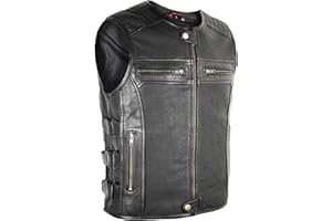 MDM Gilet de moto en cuir véritable à fermeture éclair