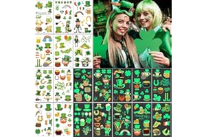 FLYFTREY 20 arkuszy tatuaży na Dzień Świętego Patryka, 10 arkuszy tatuaży z kreskówki i 10 arkuszy świecących w ciemności naklejek na Dzień Św. Patryka, akcesoria dekoracyjne, akcesoria dekoracyjne, akcesoria do dekoracji kostiumu dla dzieci