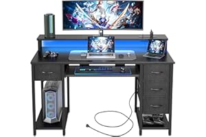 BEXEVUE Scrivania Moderna LED con Ciabatta - 120x50cm Scrivania Gaming Tavolo Computer con Supporto Monitor Vassoio per Tastiera, 4 Cassetti Reversibili, Grande Spazio Studio Gioco Lavoro Casa Ufficio