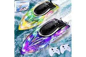 Herenear Zdalnie sterowana łódź 2 sztuki, zdalnie sterowane łodzie dla dzieci w wieku od 6, 8, 10 lat, RC łódź z oświetleniem LED dla dorosłych, zabawka basenowa, regulowana łódź do mórz, basenów i