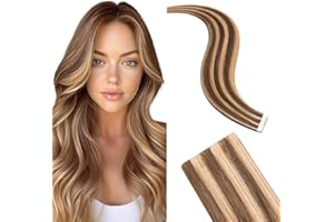 Silk-co Extensiones Adhesivas Pelo Natural Cinta Invisible Cinta Sin Clip 100% Remy Liso Cabello Humano Cuero Cabelludo Biónico 10PCS 20G/Paquete 25cm # 4P27 Marrón Medio & Rubio Oscuro