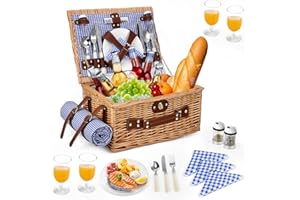 Panier Pique-Nique en Osier pour 4 Personnes, MINENICE Panier de Pique Nique avec Compartiment Isotherme, Couverture Pique-Nique Imperméable et Couverts, Panier Picnic pour Camping, Bleu