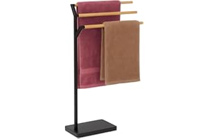 Relaxdays Handtuchständer, HBT: 75 x 38,5 x 18 cm, Metall, Bambus, 3 Stangen, Handtuchhalter stehend, Bad, schwarz/Natur