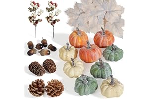 Miaikoe 25 PCS Kürbis Dekor Set, Künstliche Kürbisse Herbst Dekor für Halloween Thanksgiving Dekorationen mit Eicheln, Kiefern, Beeren, Ahornblätter für Home Tisch