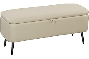 HOMCOM Puff Almacenaje Banco Almacenaje 61L Tapizado en Lino Sintético con Tapa Abatible y Patas de Acero para Dormitorio Salón Entrada Carga 150 kg 101x38,5x44,5 cm Beige