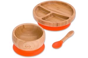 Bubba Bear™ Baby Set mit Saugnapf-Schüssel, Standfeste Saug-Fütter-Teller und Löffel für Babys & Kleinkinder | kostenloses E-Book: der Bubba Bear Weaning | aus natürlichem bamboo