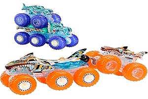 Hot Wheels Monster Trucks Multipack, 1:64 Scale Mega-Wrex & Tiger Shark Toy Trucks with Big Rigs in Matching Power Smashers Deco, HYJ29