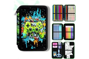 Mowtential 41 Artikel Federmappe 3 Fach Jungen,2025 Neu Spiel Federmäppchen Set, Federmäppchen 3 fächer,Einschulung Geschenk,Reißverschluss Schulbedarf(Schwarz Grün)