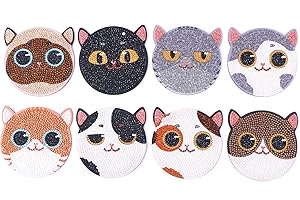 MMDBD 8 Pièces sous-Verres de Peinture de Diamant, 5D DIY Dessous de Verre Diamond Painting, sous-Verres Ronds Diamant Artisanat pour Boissons Tasse Vase Débutant Adultes Enfants - Chat
