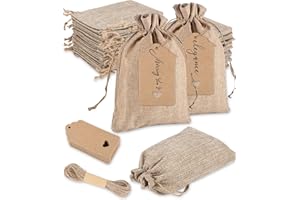 HUIFOO 50PCS Bolsas de Lino y Cáñamo, Bolsas de Yute Natural con Etiquetas, 10x15CM Bolsas de Lino Reutilizable, para Joyería Regalo de Boda DIY Artesanía Embalaje, Saco Navidad
