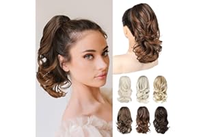 REECHO Ponytail Extensions, 14" Claw Clip in Ponytail Hair Extensions Curly Wavy Clip in Ponytail Natural Synthetic Fake Pony Tail Hair Pieces for Women
