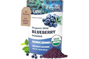 LOOV Polvere di mirtillo selvatico biologico, raccolto nelle foreste nordiche, 100% frutto intero (mirtillo), liofilizzato e ridotto in polvere, senza zuccheri aggiunti, 250 g (52 giorni)