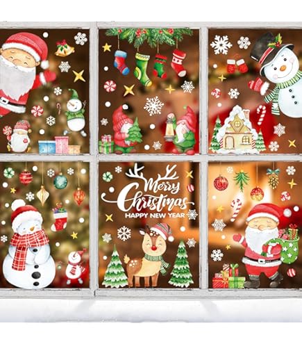 9 Selbstklebende Weihnachts-Fensterbilder – Niedliche Wichtel, Elche & Schneemänner Zur Fensterdekoration