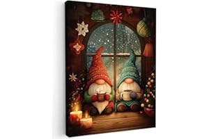 MuchoWow© Impression sur Toile Decoration Murale Peinture 60x80 cm Tableaux Decoratifs Muraux Déco Chambre Cadeau Noel Tableau Salon Gnomes - Noël - Fenêtre - Coloré