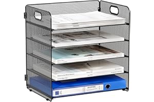 EasyPAG Taca na Czasopisma A4 5 Przedziały Metal Siatka,Organizer na Biurko,Półka na Listy,Stojak na Dokumenty do Domu & Biura,Czarny