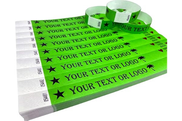 Wrist Magic Studio 1000 Bracelets Vert fluo Bracelets en Tyvek imprimés avec votre texte personnalisé pour les événements, festivals, pièces d'identité, etc.