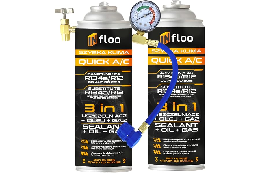 INfloo 2x Quick A/C 3-en-1 – Gaz R134a + Huile + Scellant + Tuyau avec Manomètre | Recharge clim auto | Gants | Remplaçant R1