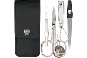 ‎DREI SCHWERTER DREI SCHWERTER - 4-tlg. Nagelpflegeset 'Capri' | Hochwertiges Nageletui für Maniküre und Pediküre. Farbe: Kunstleder Schwarz | Inhalt: Nagelschere, Nagelknipser, Pinzette, Saphirnagelfeile