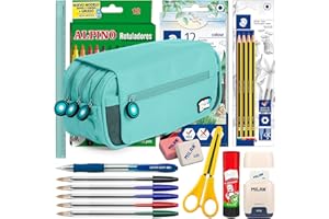 ColePack BitsBobs - Lote de Estuche Portatodo Triple con 3 Cremalleras y Material Escolar de Primeras Marcas Incluido (Azul Claro)