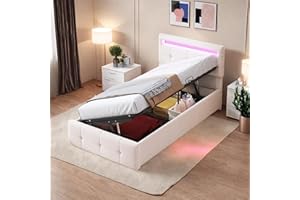 Wyibwy Letto imbottito 90x200 cm,Con illuminazione a LED,Letto contenitore idraulico,letto singolo con Testiera regolabile in altezza,Tessuto di velluto, per adulti e ragazzi,beige