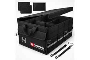 Haltons Foldable Car Boot Organiser Large, Durable 600D Oxford & 210D Polyester, Portable Boot Storage Box with Multi Compartments, Ideal for SUV, Truck, Van & Car Storage (36.8x50.8x26cm) Black