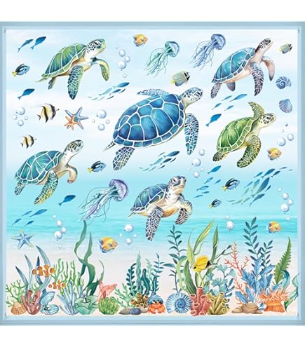 Stickers Fenêtre été Océan - 9 Feuilles PVC, 134 Autocollants électrostatiques - Baleine, Algues, Tortue - Pour Chambre Enfant, Salle De Bain