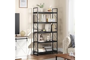YITAHOME Bookcase 5 Tiers, Industrial Book Shelf Large Floorstanding Book case Wooden Shelf and Metal Frame Shelving Unit Display Storage Rack for Living Room, Home Office, Black Bookshelf
