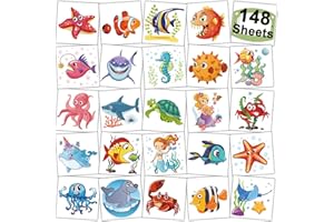 CHARLENT 148 Pcs Tatuaggi Temporanei di Animali Oceano per Bambini - Tatuaggi Individuali di Creature Marine per Ragazzi e Ragazze Bomboniere per Feste di Compleanno dell'Oceano