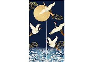 LIGICKY Noren Doorway Curtain Japanese Style Cranes Waves Gold Full Moon Printed Cotton Linen Window Treatment Door Tapestry for Home Decoration 85 x 150 cm, Navy Blue