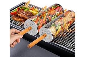 HOMPER 2 pcs Rolling Grill Basket with Removable Wooden Handles, 304 Stainless Steel Rolling Barbecue Utensils Tool Sets BBQ Accessories Tools for Vegetables Shrimp, Outdoor Cooking, Gifts for Men Dad