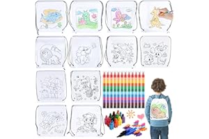 YeahBoom Stoffbeutel zum Bemalen - 12 Stück Set mit Wachsmalstiften in 12 Farben - DIY Graffiti Non-Woven