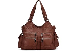 BAIGIO Bolsos de Mujer Bolso de Hombro de Cuero PU Lavadas Suaves para Mujer Gran Capacidad Bolso de Mano con Multitud de Bolsillos con Cremalleras (Marron)