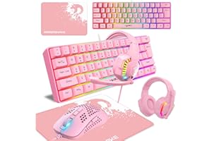 KUIYN 60% Wired Compact Gaming Keyboard Mini 61 Tasti 11 RGB Retroilluminato Effetti con Tasti Pieni Anti-ghosting+ Mouse Ottico Leggero A nido d'ape 2400DPI+ Gaming Headset + Mouse Pad-Rosa